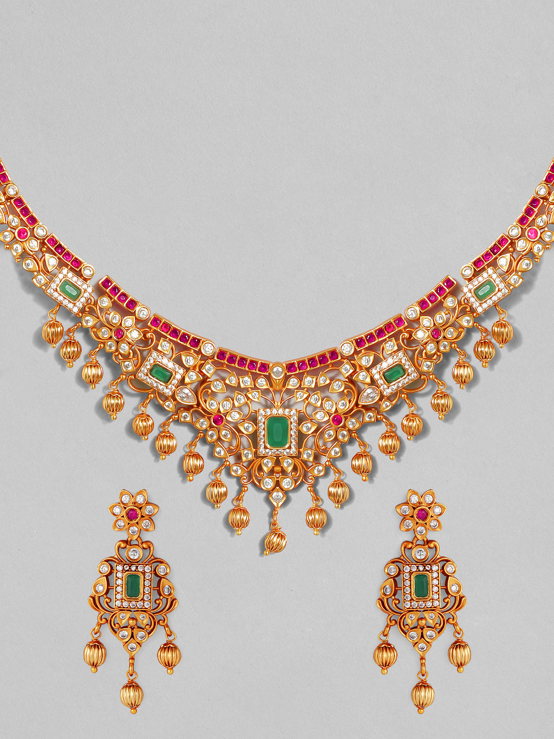 Rubans 22K Gold Plated Handcrafted Faux Ruby Stone with Gold Beads Traditional Necklace Set