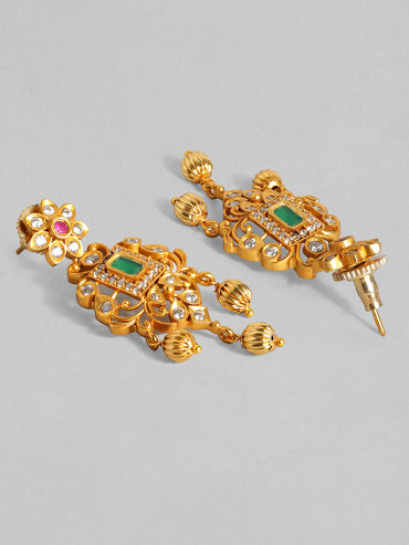 Rubans 22K Gold Plated Handcrafted Faux Ruby Stone with Gold Beads Traditional Necklace Set