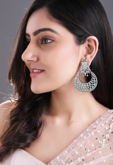 Rubans Zircon Studded Handcrafted Silver Plated Floral Statement Chandbali Earrings