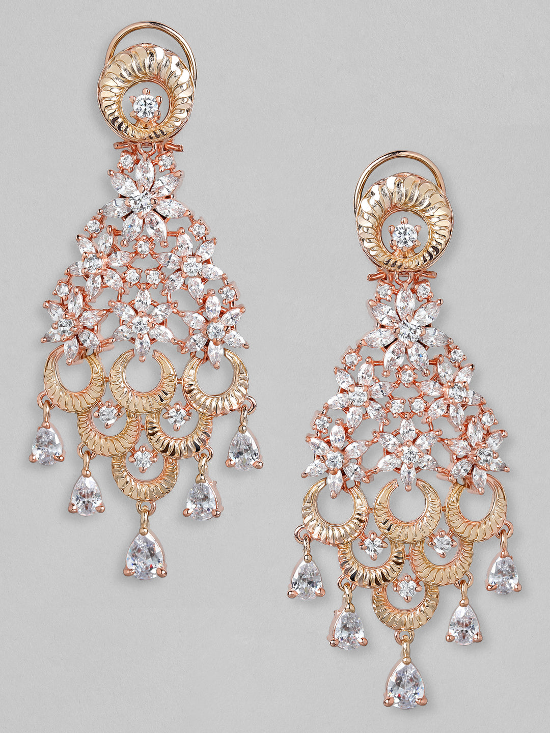 Rubans 18K Rose Gold White Cubic Zirconia Floral Cascading Floral Chandelier Earrings