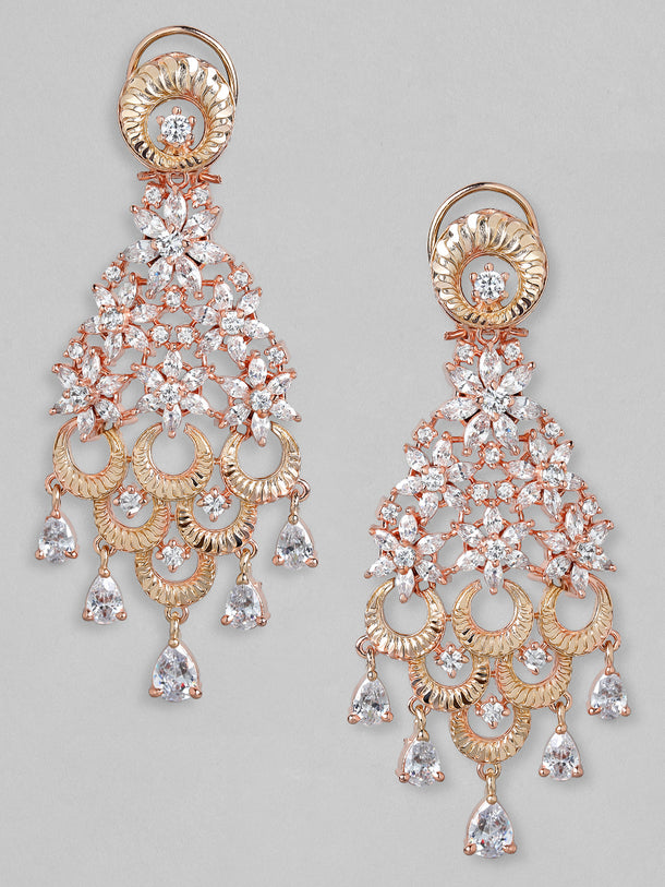 Rubans 18K Rose Gold White Cubic Zirconia Floral Cascading Floral Chandelier Earrings