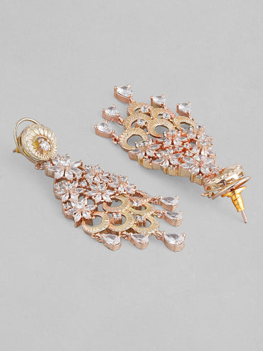 Rubans 18K Rose Gold White Cubic Zirconia Floral Cascading Floral Chandelier Earrings