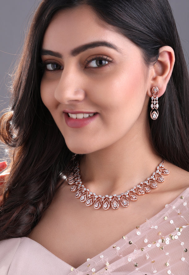 Rubans Zircon Studded Handcrafted Rose Gold Plated Statement Necklace Set