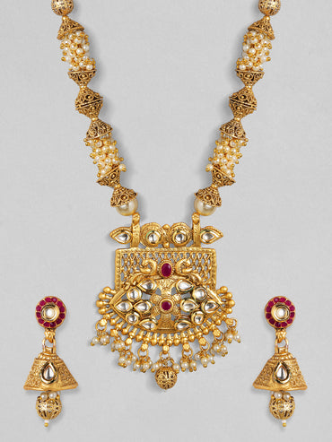 Rubans 24K Gold Plated Handcrafted White Kundan & Antique Gold Filigree Beads Necklace Set