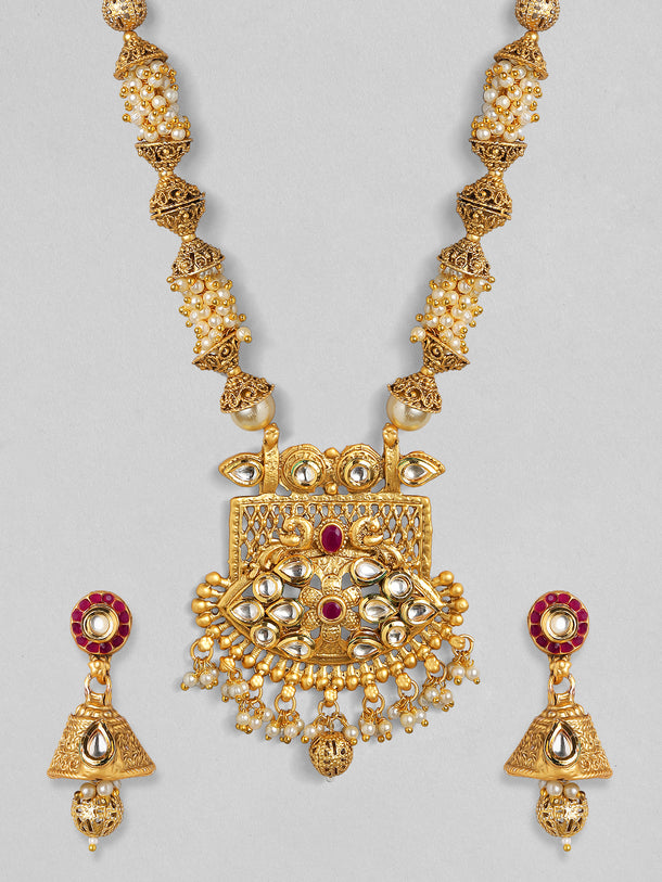Rubans 24K Gold Plated Handcrafted White Kundan & Antique Gold Filigree Beads Necklace Set