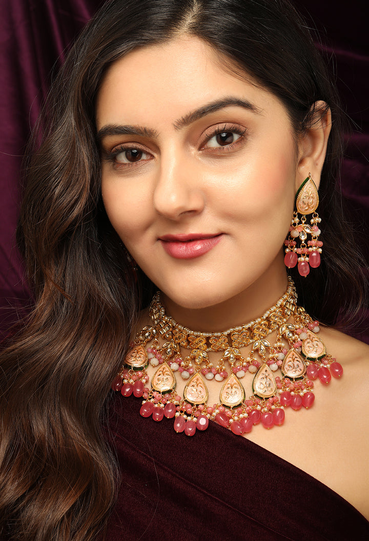 Rubans Luxury 24K Gold Plated Handcrafted Pink Enamel & Pachi Kundan with Pearls Beaded Necklace Set