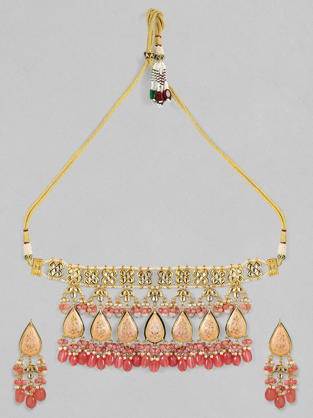 Rubans Luxury 24K Gold Plated Handcrafted Pink Enamel & Pachi Kundan with Pearls Beaded Necklace Set
