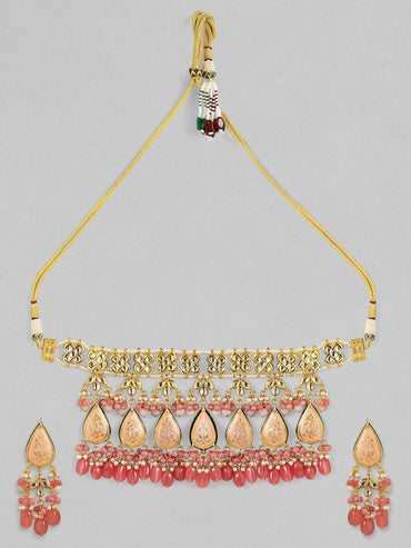 Rubans Luxury 24K Gold Plated Handcrafted Pink Enamel & Pachi Kundan with Pearls Beaded Necklace Set
