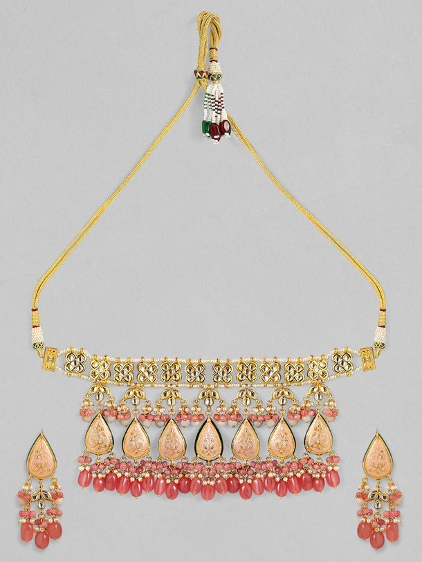 Rubans Luxury 24K Gold Plated Handcrafted Pink Enamel & Pachi Kundan with Pearls Beaded Necklace Set