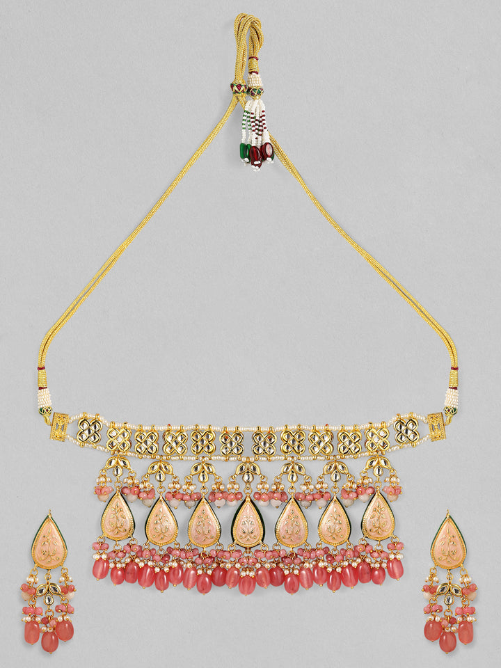 Rubans Luxury 24K Gold Plated Handcrafted Pink Enamel & Pachi Kundan with Pearls Beaded Necklace Set