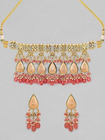 Rubans Luxury 24K Gold Plated Handcrafted Pink Enamel & Pachi Kundan with Pearls Beaded Necklace Set