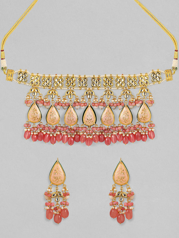 Rubans Luxury 24K Gold Plated Handcrafted Pink Enamel & Pachi Kundan with Pearls Beaded Necklace Set