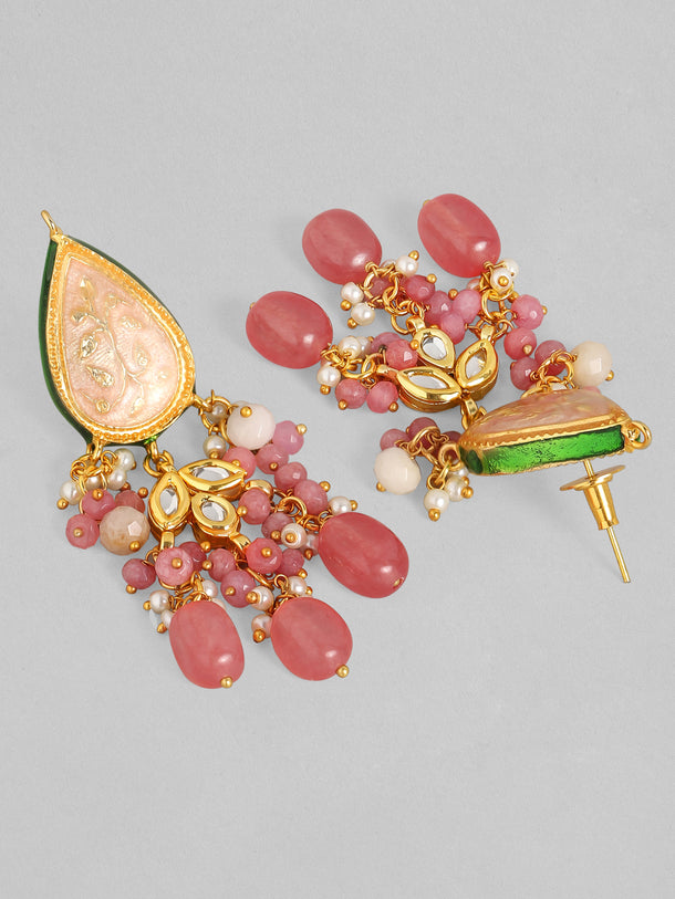 Rubans Luxury 24K Gold Plated Handcrafted Pink Enamel & Pachi Kundan with Pearls Beaded Necklace Set