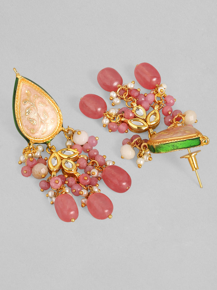 Rubans Luxury 24K Gold Plated Handcrafted Pink Enamel & Pachi Kundan with Pearls Beaded Necklace Set
