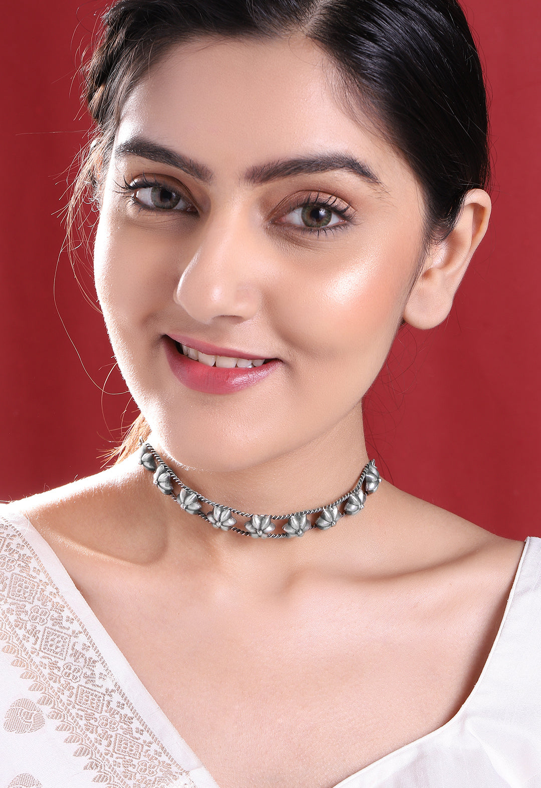 Rubans Floral Oxidised Handcrafted Silver Plated Choker