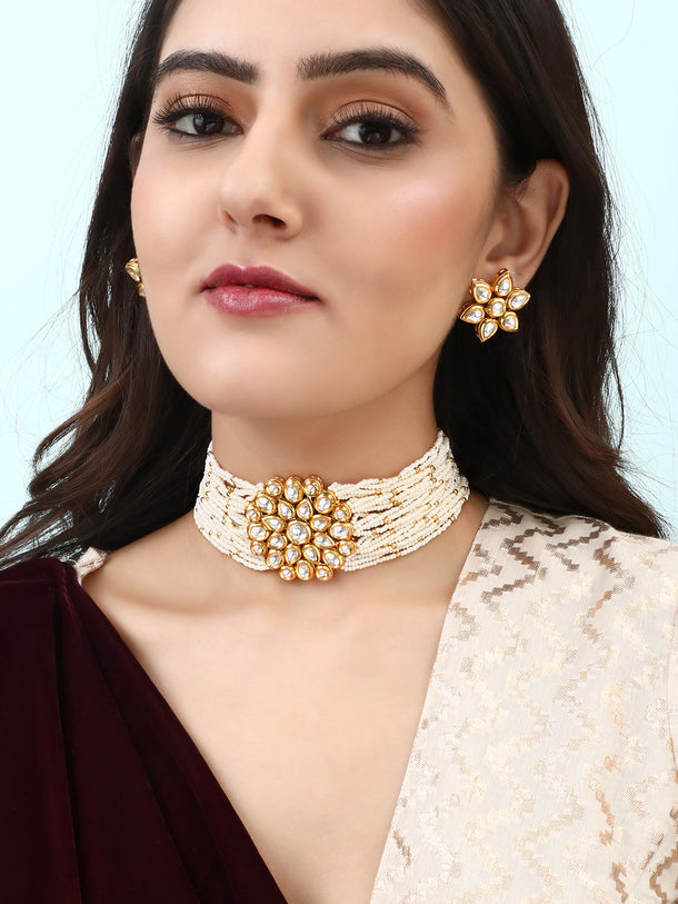 Rubans Luxury 24K Gold Plated Handcrafted Kundan & White Pearls Choker Set