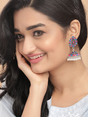 Pink & Blue Oxidised Pearl Drop Jhumkas