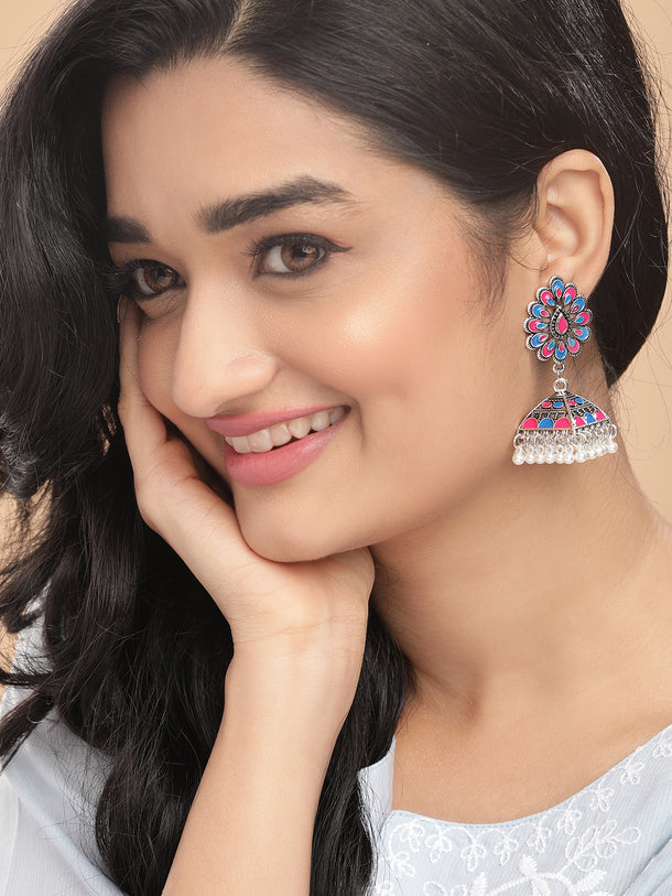 Pink & Blue Oxidised Pearl Drop Jhumkas