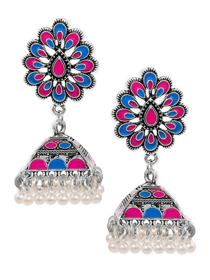 Rubans Oxidised Silver-Plated Blue & Pink Enamel Studded Floral Jhumka Earrings with Pearls