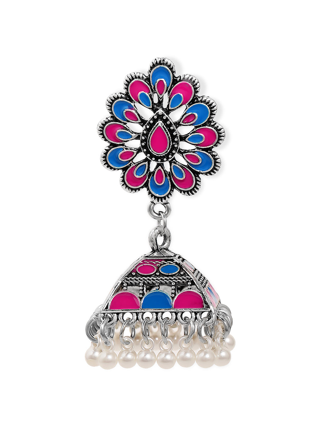 Rubans Oxidised Silver-Plated Blue & Pink Enamel Studded Floral Jhumka Earrings with Pearls