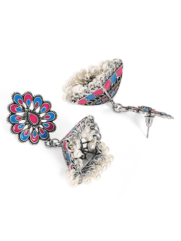 Pink & Blue Oxidised Pearl Drop Jhumkas