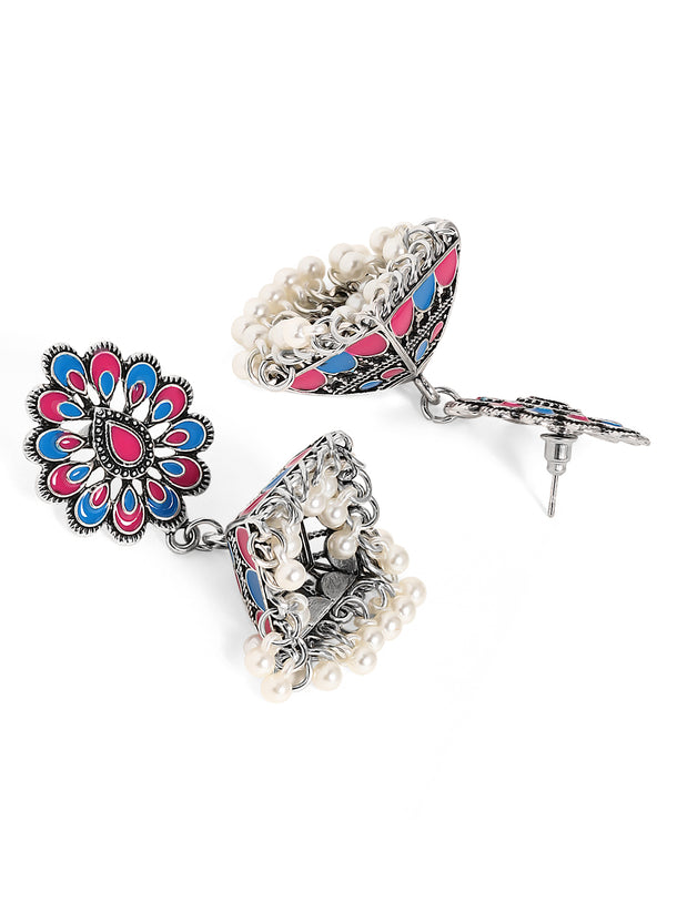 Pink & Blue Oxidised Pearl Drop Jhumkas
