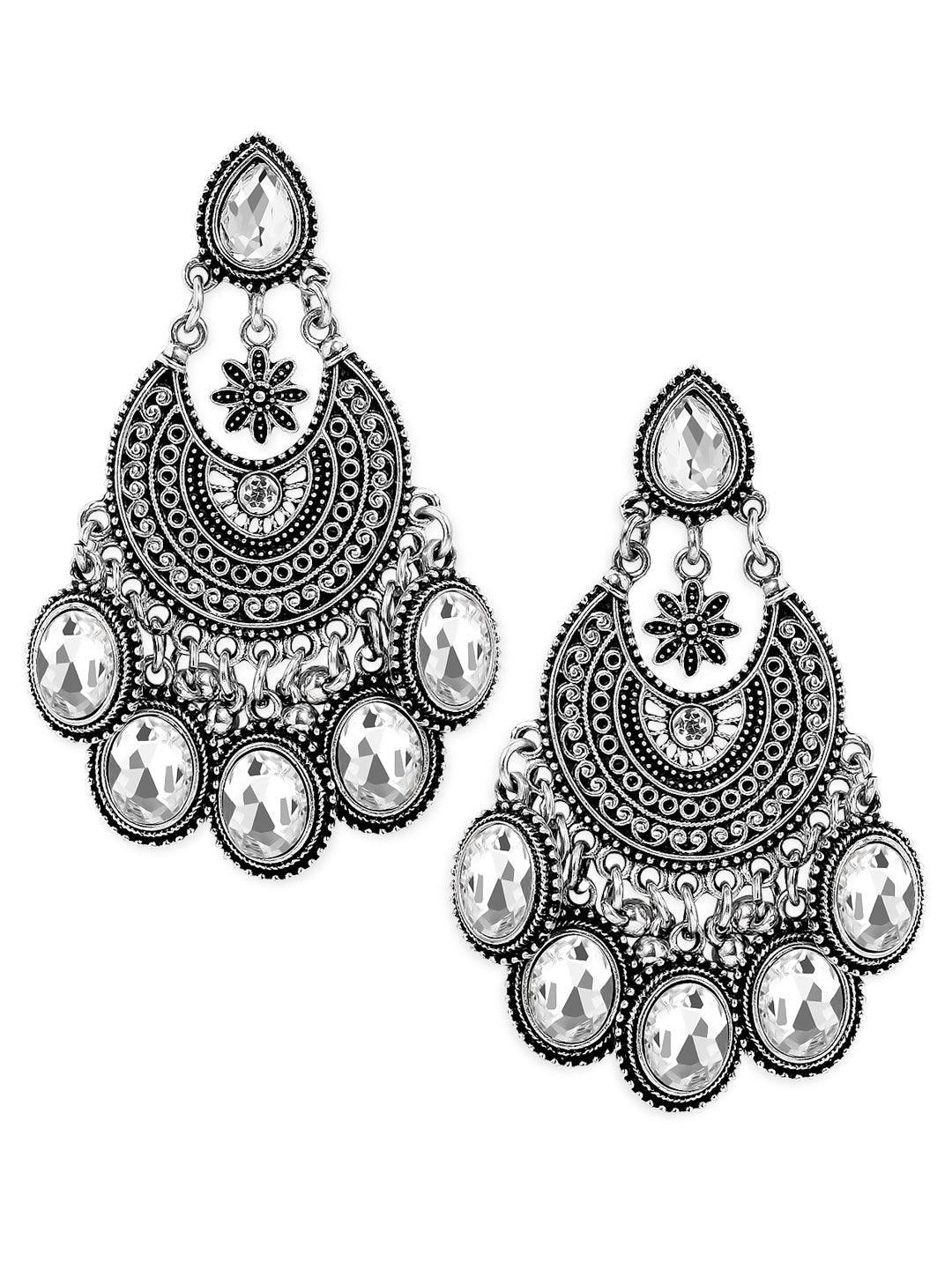 Rubans Oxidized Silver-Plated White AD Stone Studded Chandelier Earrings in Silver Tone