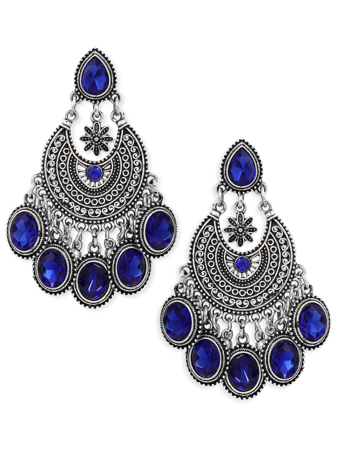 Rubans Oxidized Silver-Plated Blue AD Stone Studded Chandelier Earrings