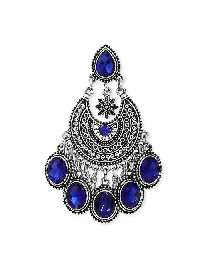 Rubans Oxidized Silver-Plated Blue AD Stone Studded Chandelier Earrings