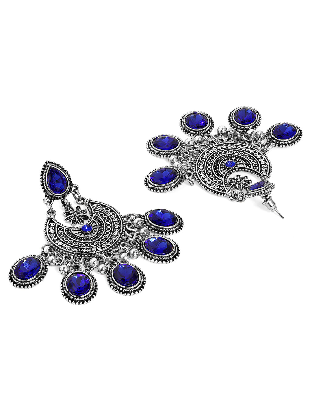 Rubans Oxidized Silver-Plated Blue AD Stone Studded Chandelier Earrings