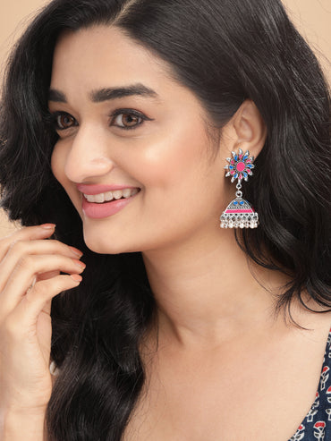 Silver Beaded Pink & Blue Jhumkas