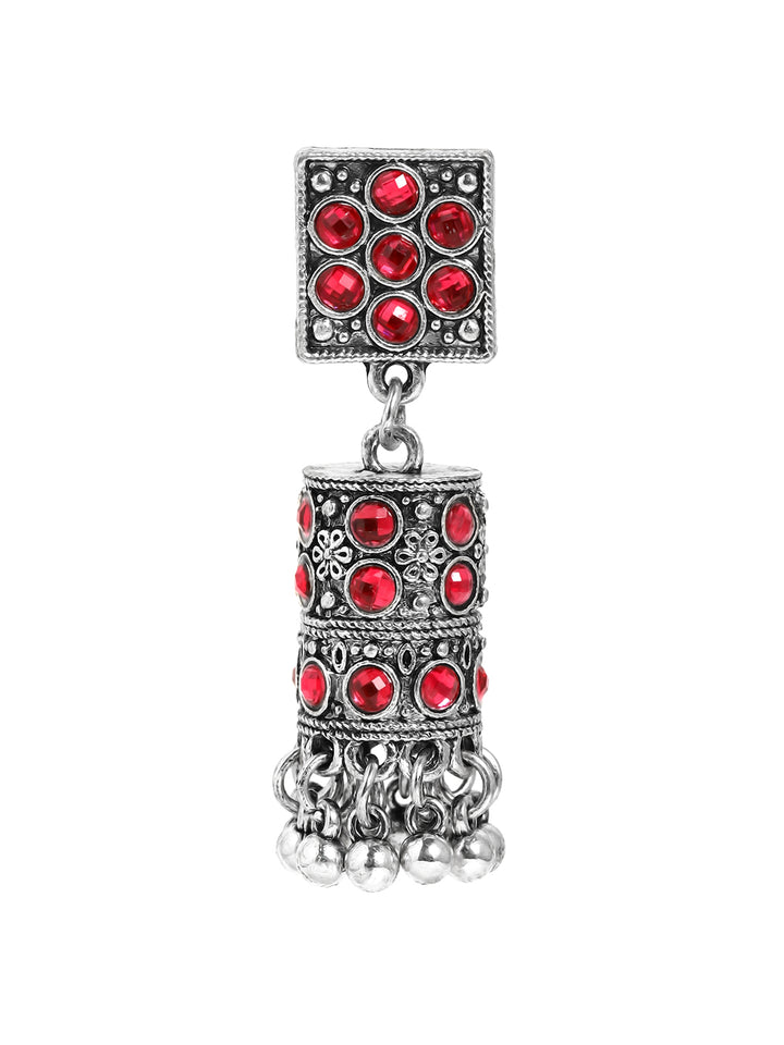 Rubans Oxidized Silver-Plated Ruby Red Stone Studded Drop Earrings with Ghungroo Beads