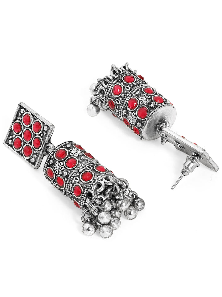 Rubans Oxidized Silver-Plated Ruby Red Stone Studded Drop Earrings with Ghungroo Beads