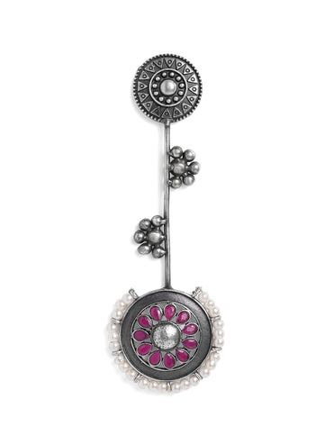 Rubans Oxidised Silver Plated Handcrafted Ruby Stone with White Pearls Drop Earrings