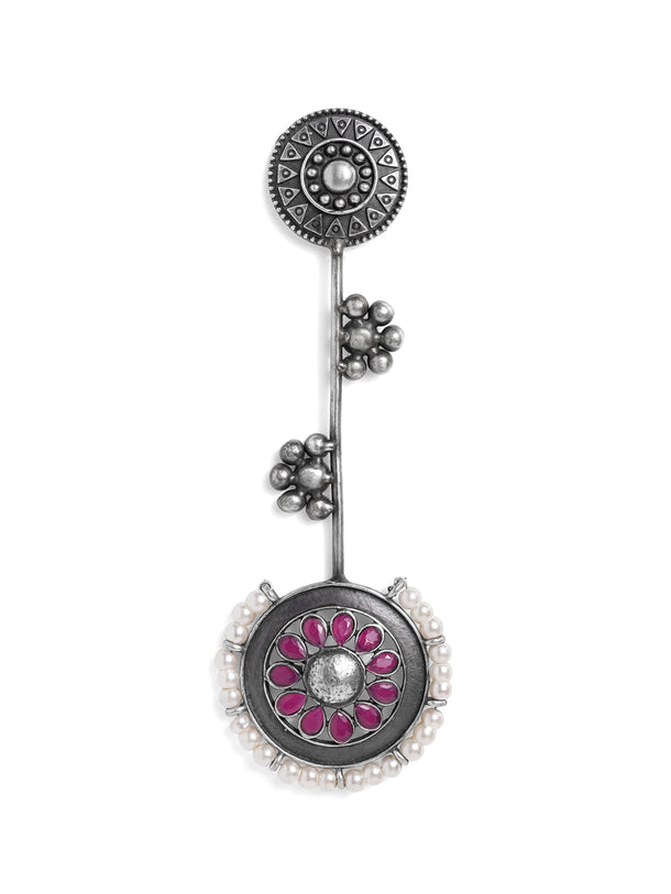 Rubans Oxidised Silver Plated Handcrafted Ruby Stone with White Pearls Drop Earrings