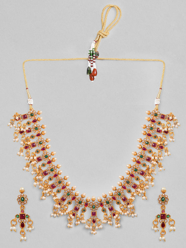 Rubans 24K Gold Plated Handcrafted Ruby Stone Temple Necklace Set