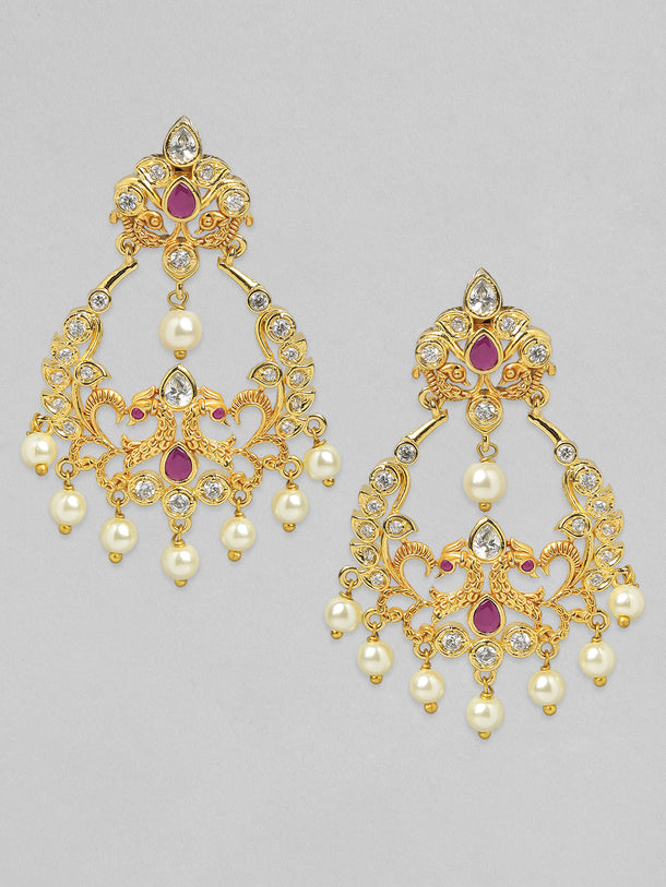 Rubans 24K Gold Plated Handcrafted Ruby Stone with White Pearls Drop Earrings