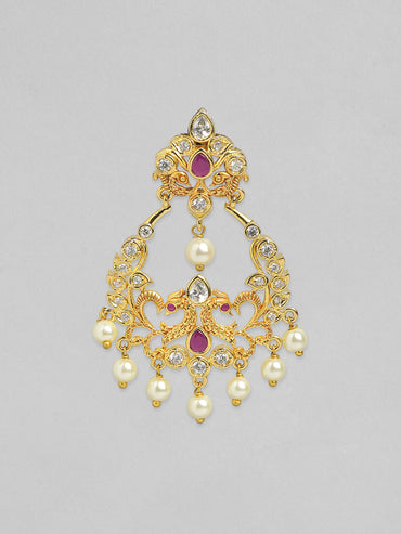 Rubans 24K Gold Plated Handcrafted Ruby Stone with White Pearls Drop Earrings