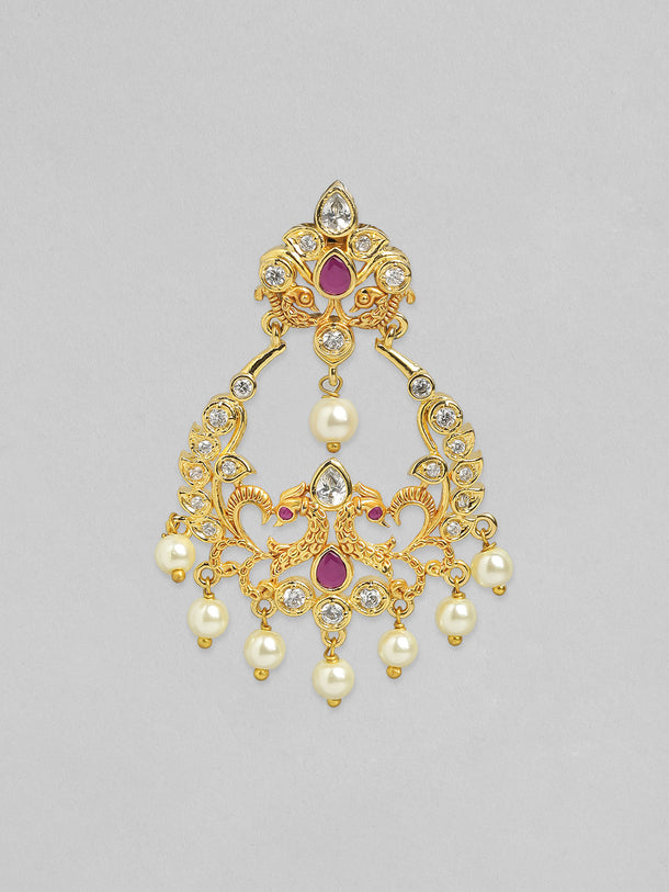 Rubans 24K Gold Plated Handcrafted Ruby Stone with White Pearls Drop Earrings