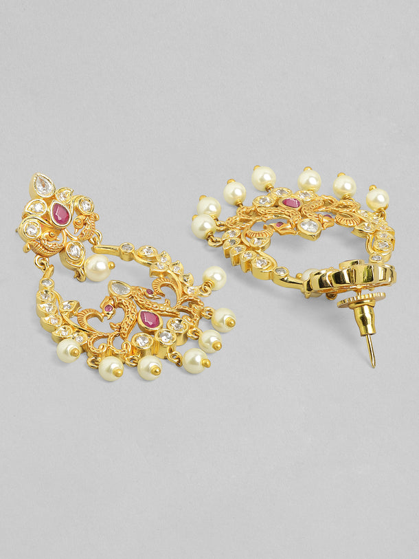 Rubans 22K Gold-Plated Ruby Pink & Kundan Studded Temple Necklace Set with Jhumka Earrings