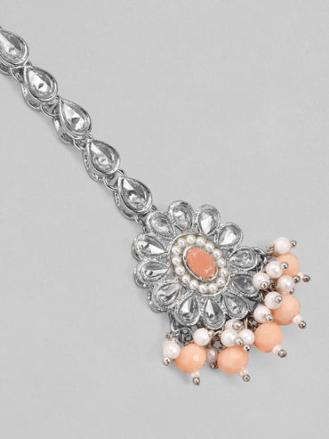 Rubans Silver Plated Handcrafted Kundan White & Peach Beads Maangtika
