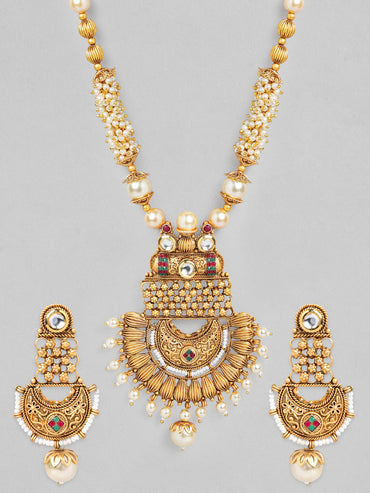 Rubans 22K Gold-Plated White, Red & Green Stone & Gold Pearl Beaded Handcrafted Jewellery Set