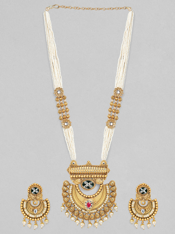 Rubans 22K Gold-Plated Pearl Beaded Multi-Strand Necklace Set with Kundan & Ruby Accents and Earrings