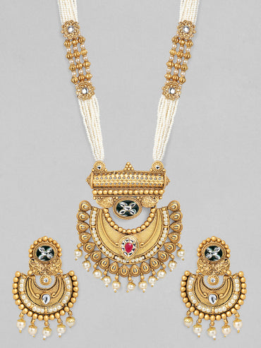 Rubans 22K Gold-Plated Pearl Beaded Multi-Strand Necklace Set with Kundan & Ruby Accents and Earrings