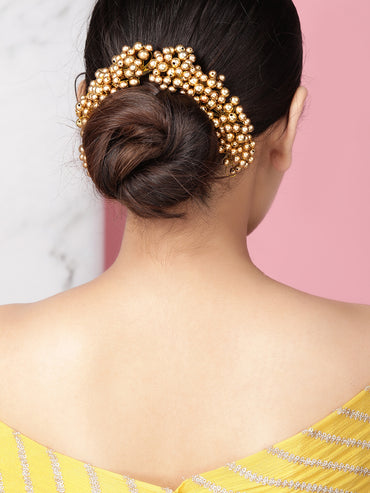 Rubans Gold-Toned Handcrafted Hair Bun Accessory with Golden Pearl Beads
