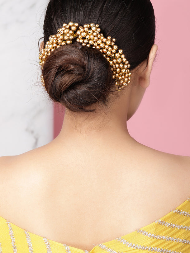 Rubans Gold-Toned Handcrafted Hair Bun Accessory with Golden Pearl Beads