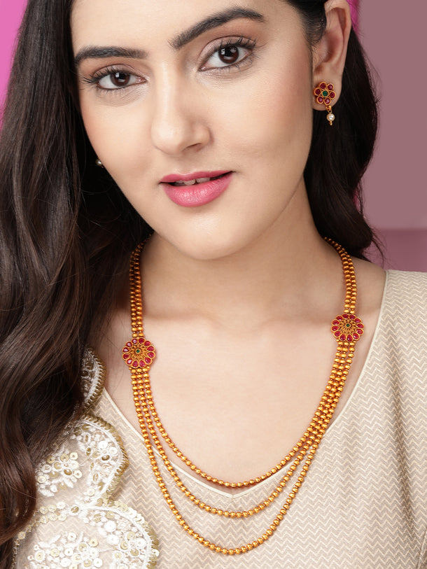 Rubans Traditional 18K Gold Plated Layered Necklace Set With Ruby Stoned Earrings