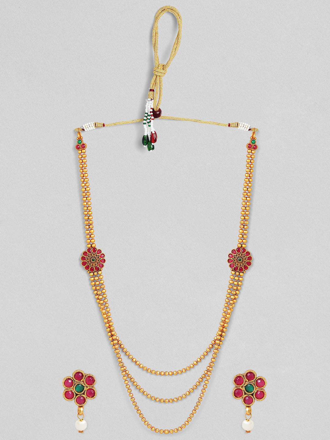 Rubans Traditional 18K Gold Plated Layered Necklace Set With Ruby Stoned Earrings