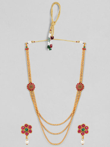 Rubans Traditional 18K Gold Plated Layered Necklace Set With Ruby Stoned Earrings