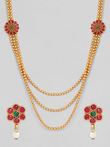 Rubans Traditional 18K Gold Plated Layered Necklace Set With Ruby Stoned Earrings